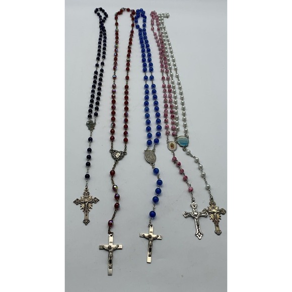 Vintage Mixed Lot Of 5 Glass Bead Rosaries Pink White Blue & Irredescent Red - Picture 1 of 16